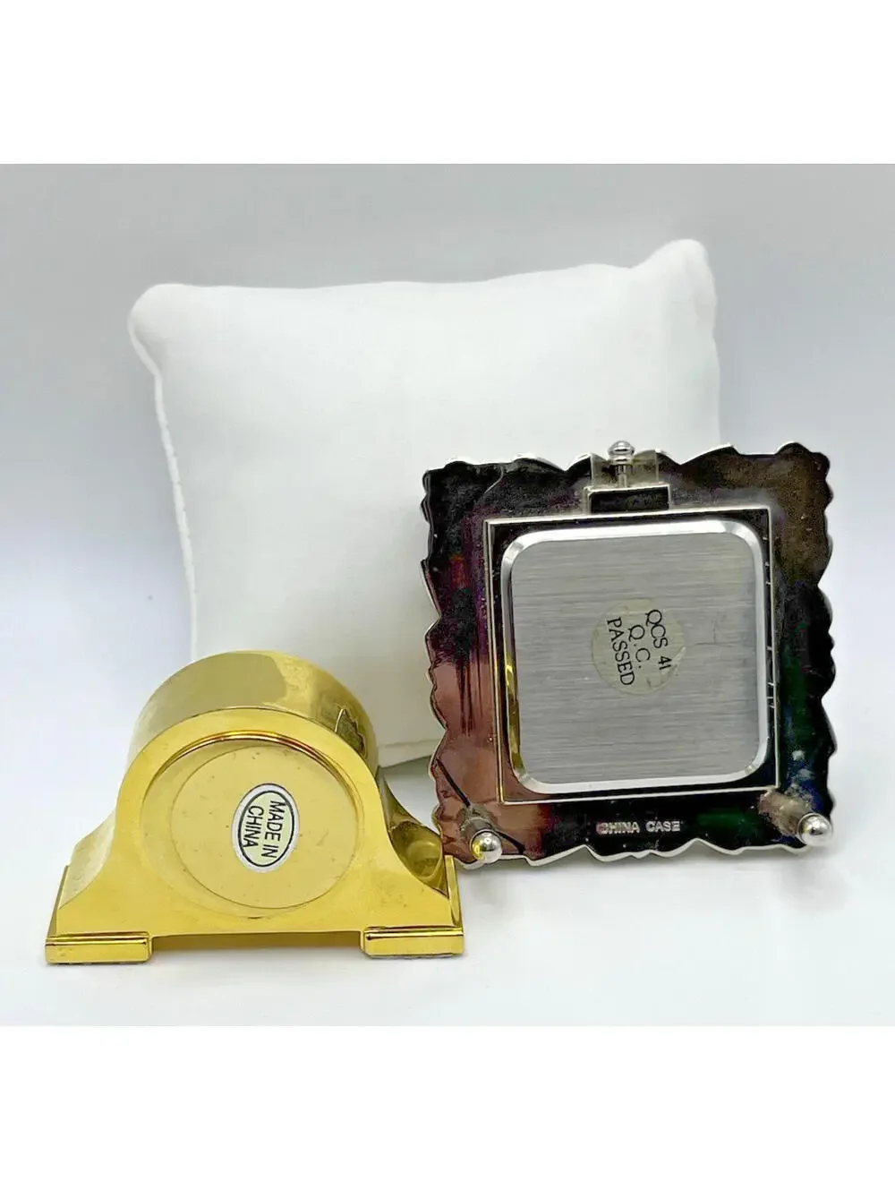 Clocks mini desk two pcs.  One in silver frame and one mantle style, both work